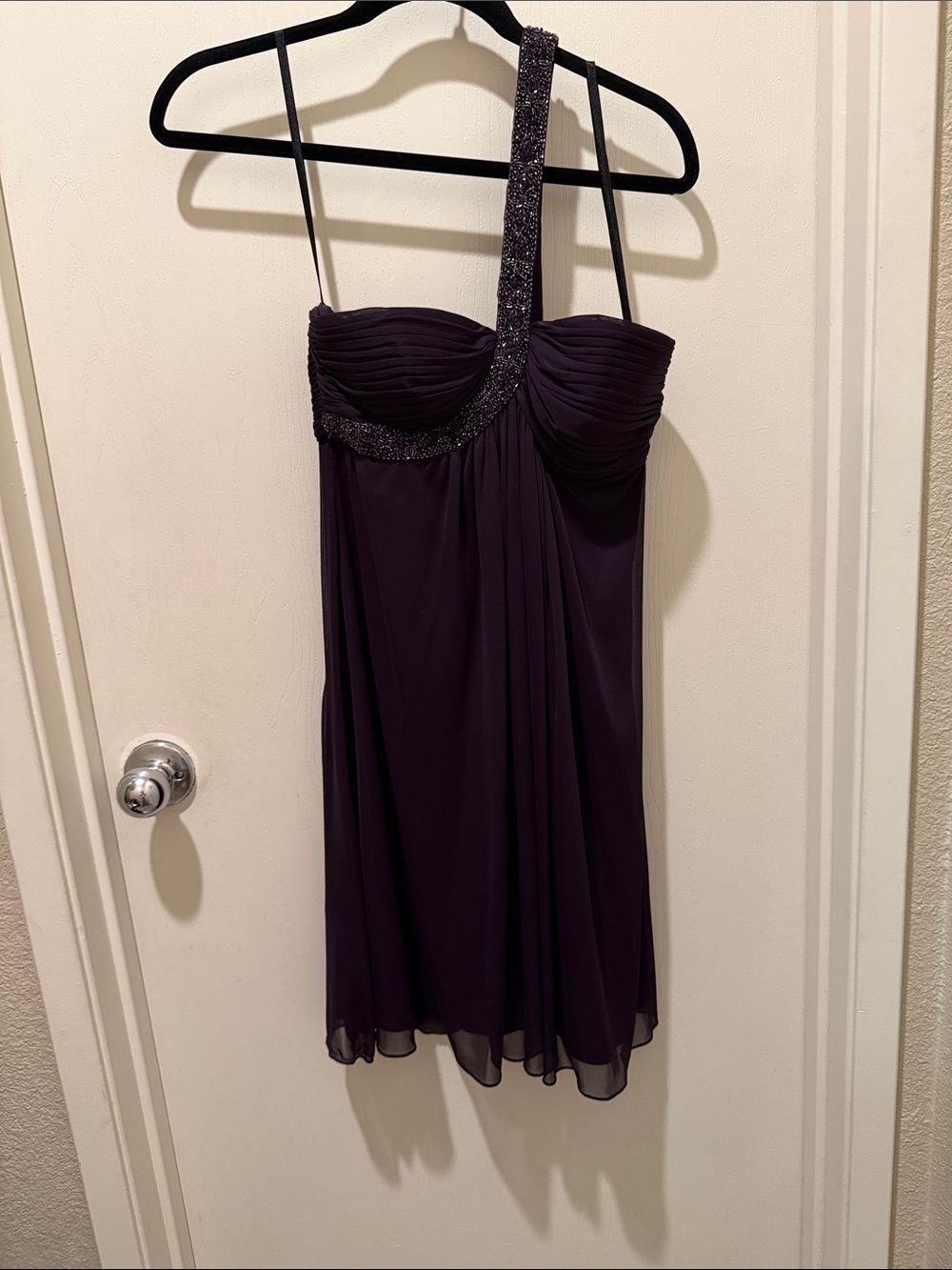 Xscape One-Shoulder Beaded Purple Cocktail Dress